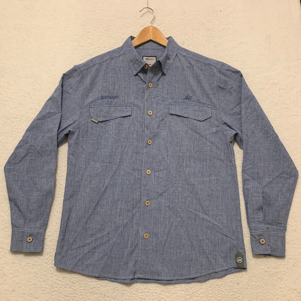 Mojo Sportswear Co Long Sleeve Fishing Shirt Mens L Button Down Ergon Logo Blue